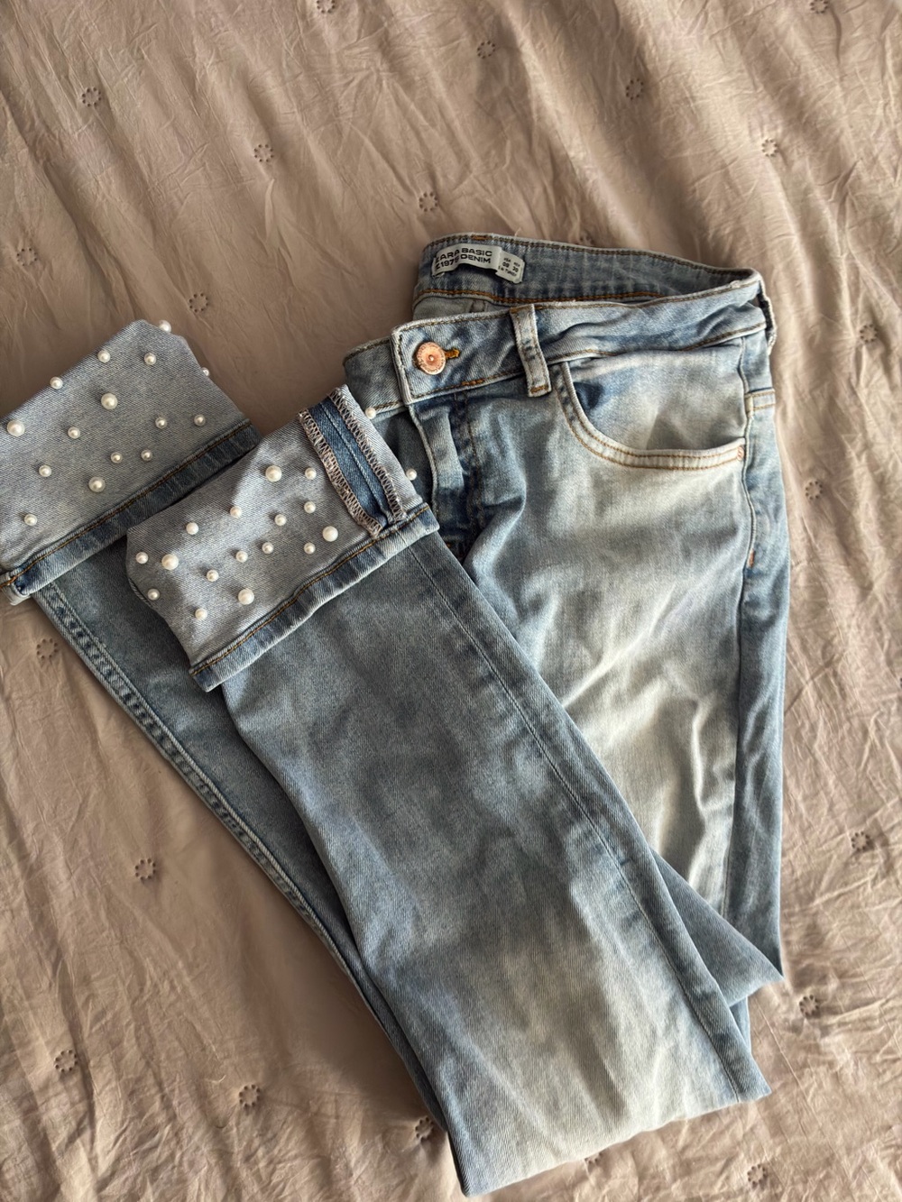 Zara Light Blue Skinny Jeans with Pearl-Cuff Detail